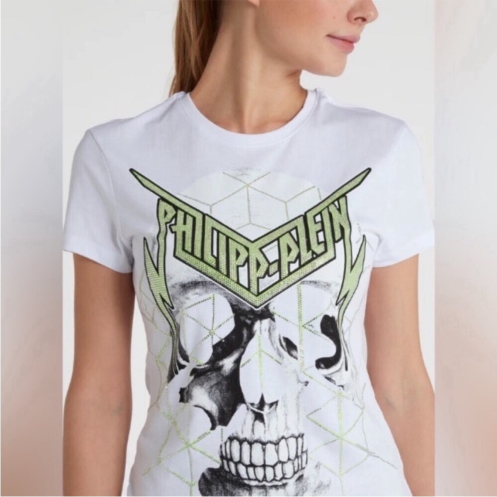 Philipp Plein White and Green Skull Graphic Tee